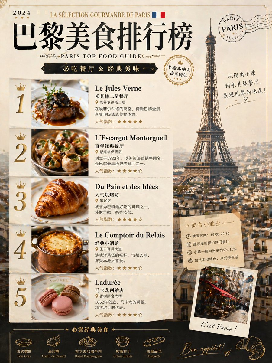 Paris Food Ranking Poster Prompt 的 Qwen Image 提示词示例图：A simple prompt to create a poster for a city food ranking, designed for use with GPT Image 2.