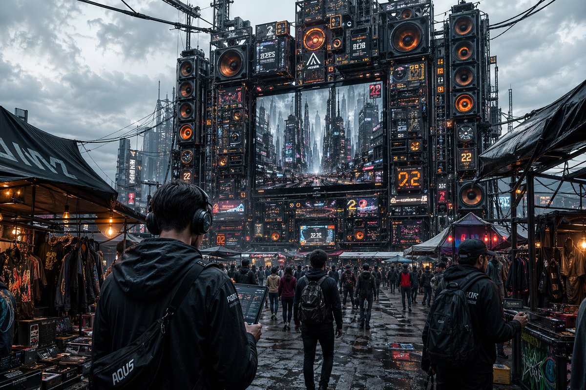 Futuristic Cyberpunk Music Market Qwen Image prompt example: A highly detailed prompt for generating a dystopian cyberpunk scene featuring a massive sound system and a crowded...