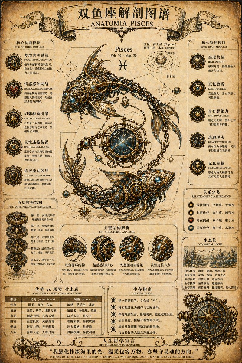 Steampunk Zodiac Anatomy Poster GPT Image 2 prompt example: A complex professional prompt for creating a vintage steampunk-style zodiac anatomy poster with mechanical structures...