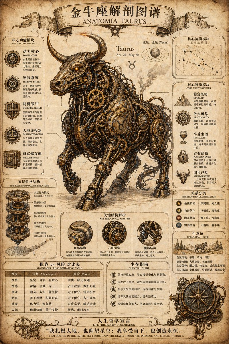 Steampunk Zodiac Anatomy Poster GPT Image 2 prompt example variation 3: A complex professional prompt for creating a vintage steampunk-style zodiac anatomy poster with mechanical...