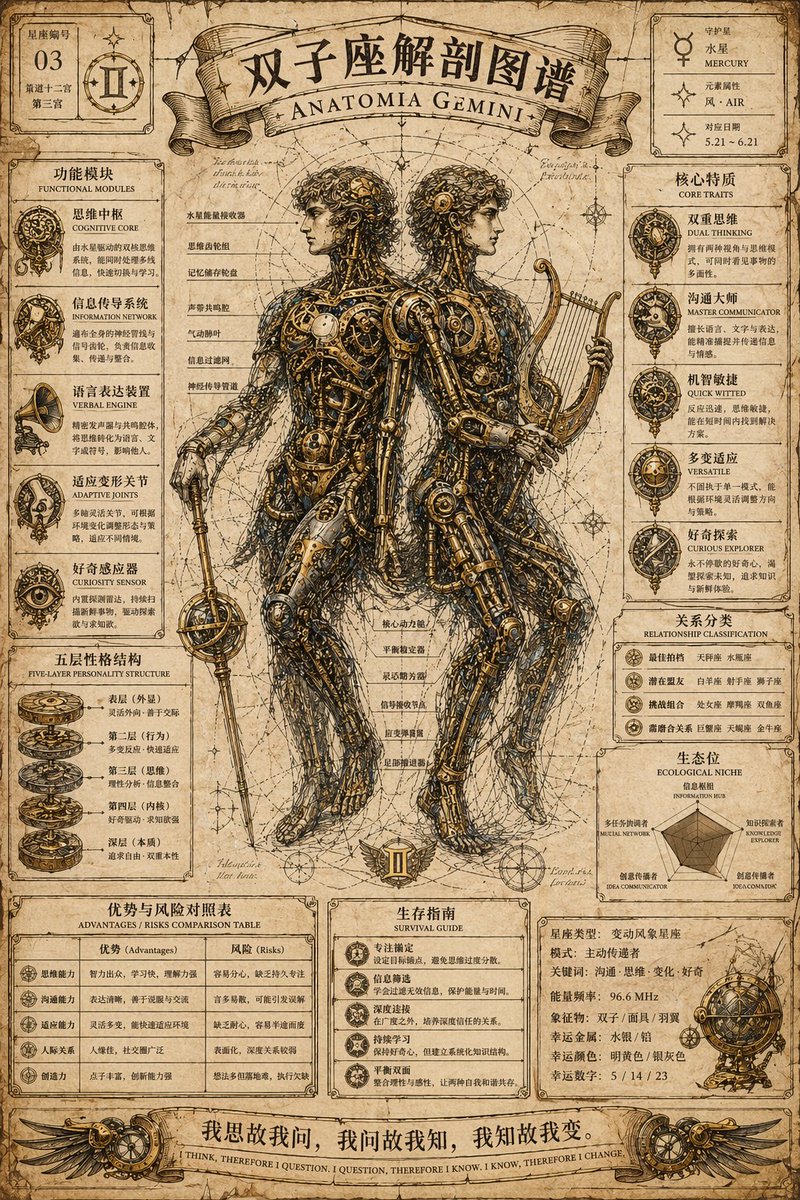 Steampunk Zodiac Anatomy Poster GPT Image 2 prompt example variation 4: A complex professional prompt for creating a vintage steampunk-style zodiac anatomy poster with mechanical...