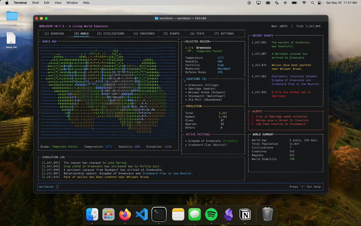 Mac Terminal World Sim UI Qwen Image prompt example: Generates a realistic Mac desktop screenshot featuring a large terminal window with a complex TUI layout focused on world...