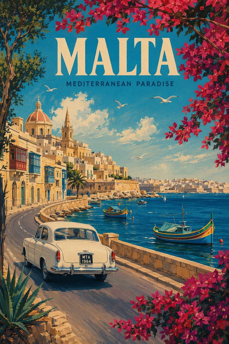 Vintage Malta Travel Poster Qwen Image prompt example: This prompt generates a nostalgic illustrated tourism poster of Malta with bold headline text, a coastal road, classic car,...