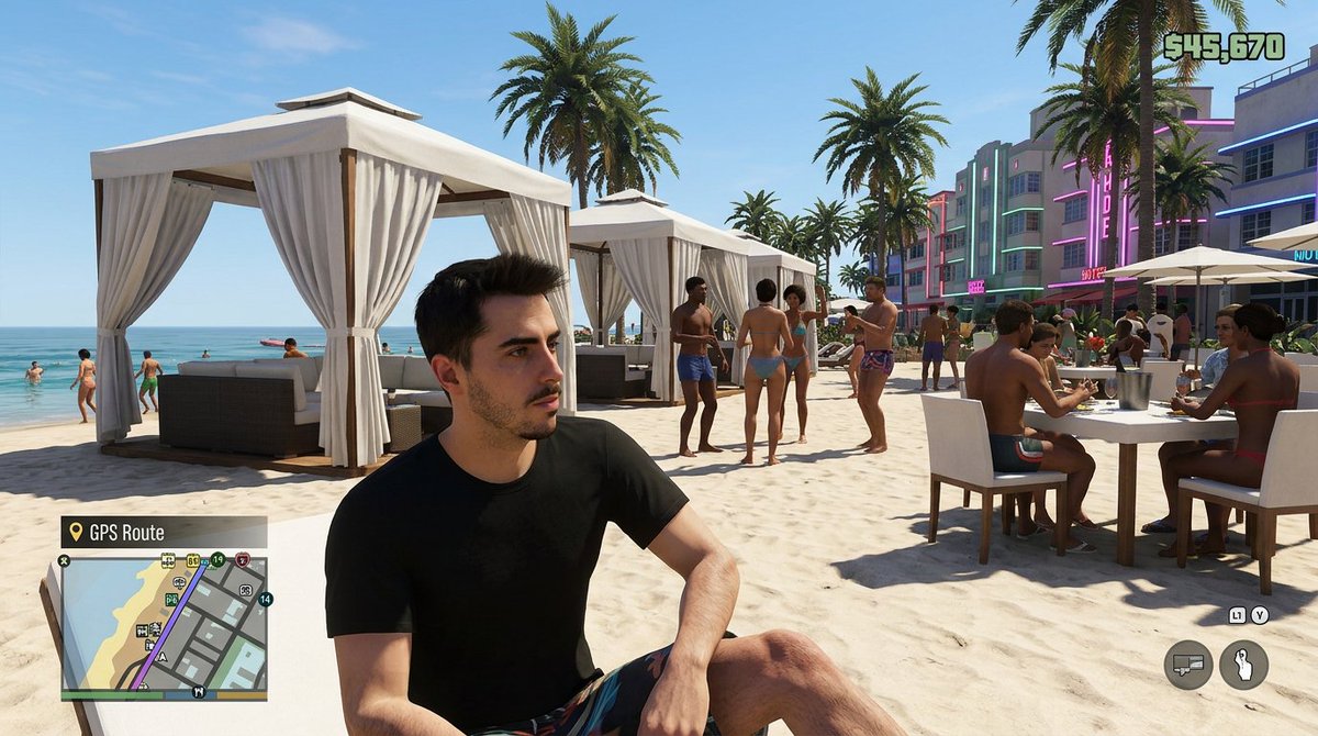 retro open-world game-Style Beach Club Gameplay Screenshot Qwen Image prompt example: A realistic next-gen open-world game screenshot showing a playable character at a lively...