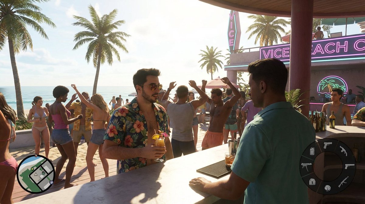 Beach Club Open-World Game Screenshot Qwen Image 프롬프트 예시: A cinematic gameplay-style image of a tropical beach club bar scene, ideal for generating mock AAA open-world game...