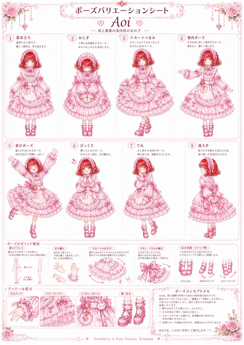 Pink Lolita Pose Variation Sheet Qwen Image prompt example: This prompt generates an ornate anime character reference poster with eight pose variations, motion notes, and costume...