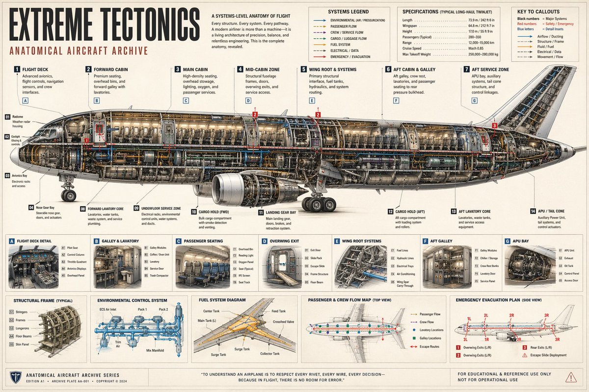 Aircraft Cutaway Archive Poster Qwen Image prompt example variation 2: A highly detailed engineering-style poster showing a commercial jet in cross-section with nine labeled...