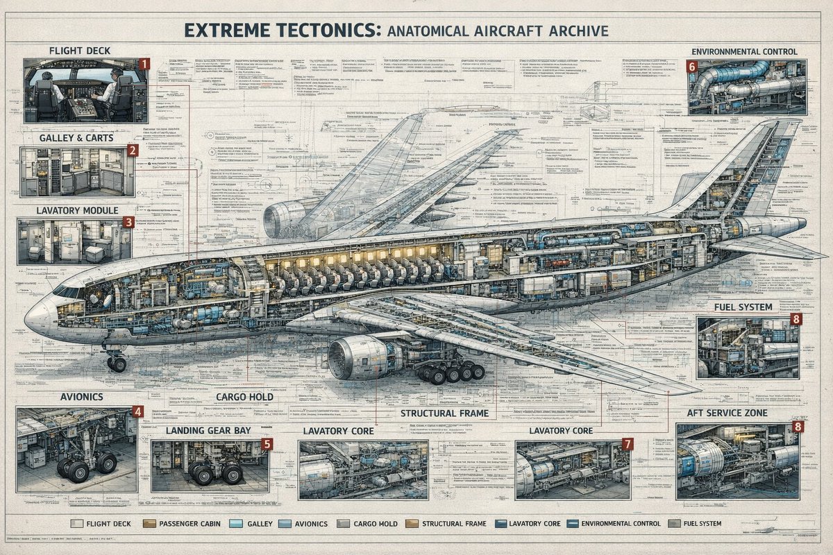 Aircraft Cutaway Archive Poster Qwen Image prompt example: A highly detailed engineering-style poster showing a commercial jet in cross-section with nine labeled system...