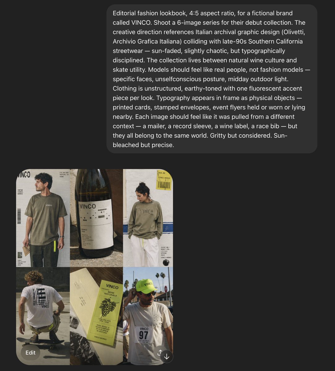 VINCO Editorial Moodboard Screenshot 的 Qwen Image 提示词示例图:A screenshot-style AI moodboard showing a six-image editorial fashion concept for a fictional streetwear and natural-wine...