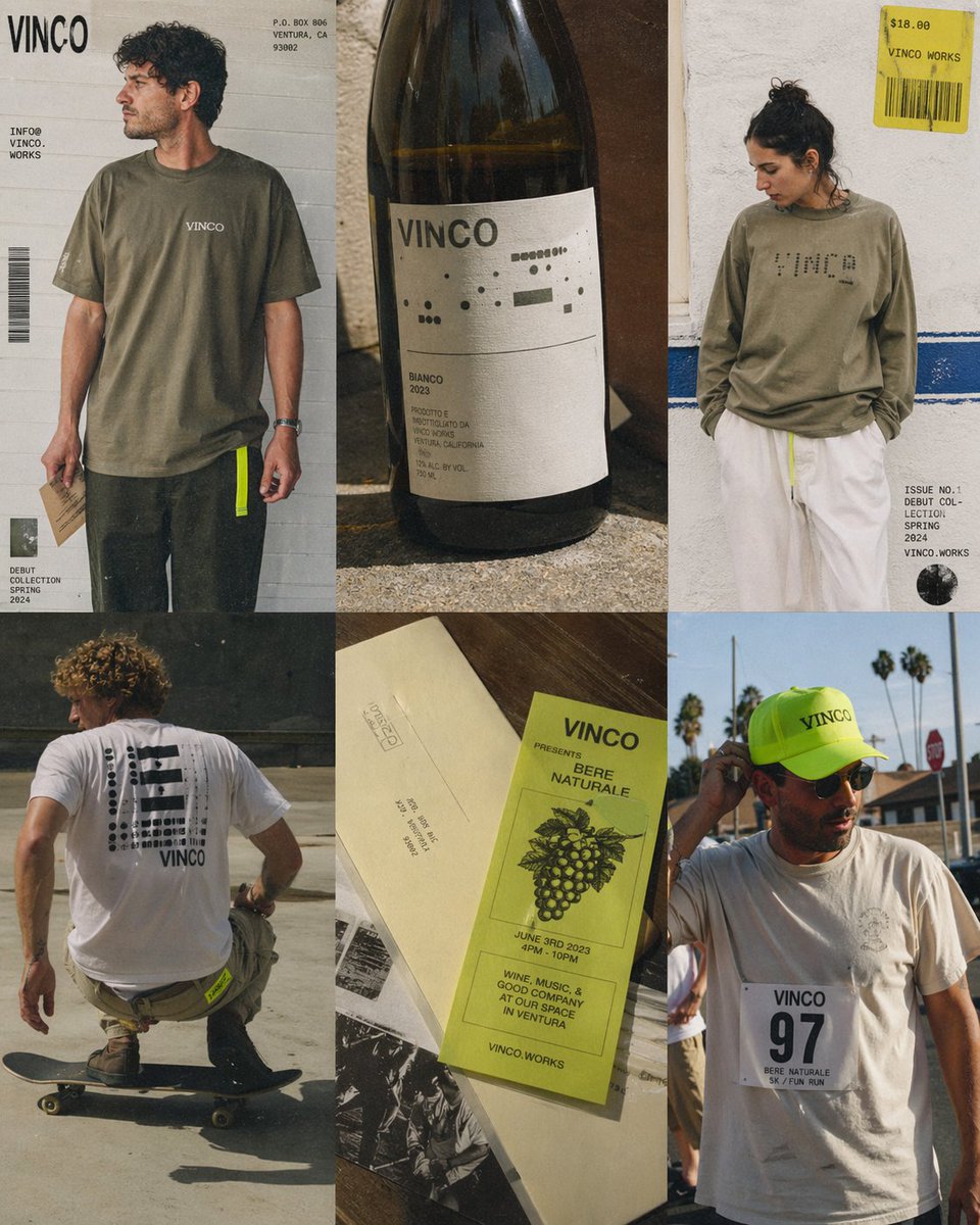 VINCO Editorial Moodboard Screenshot 的 Qwen Image 提示词示例图 变化图 2:A screenshot-style AI moodboard showing a six-image editorial fashion concept for a fictional streetwear and...