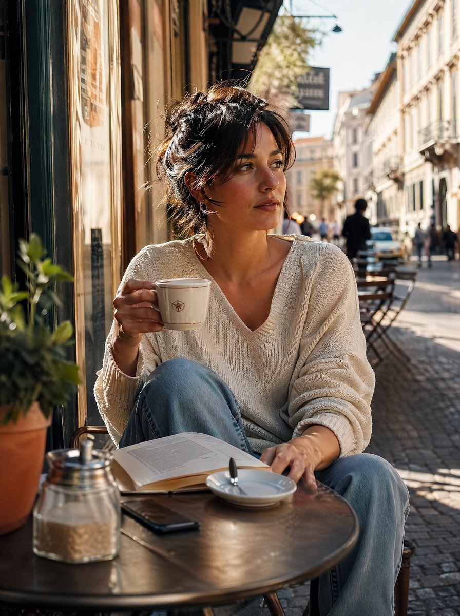 Golden Hour Café Portrait Qwen Image prompt example: This prompt generates a photorealistic lifestyle portrait of a woman enjoying coffee at a sunlit European sidewalk café,...