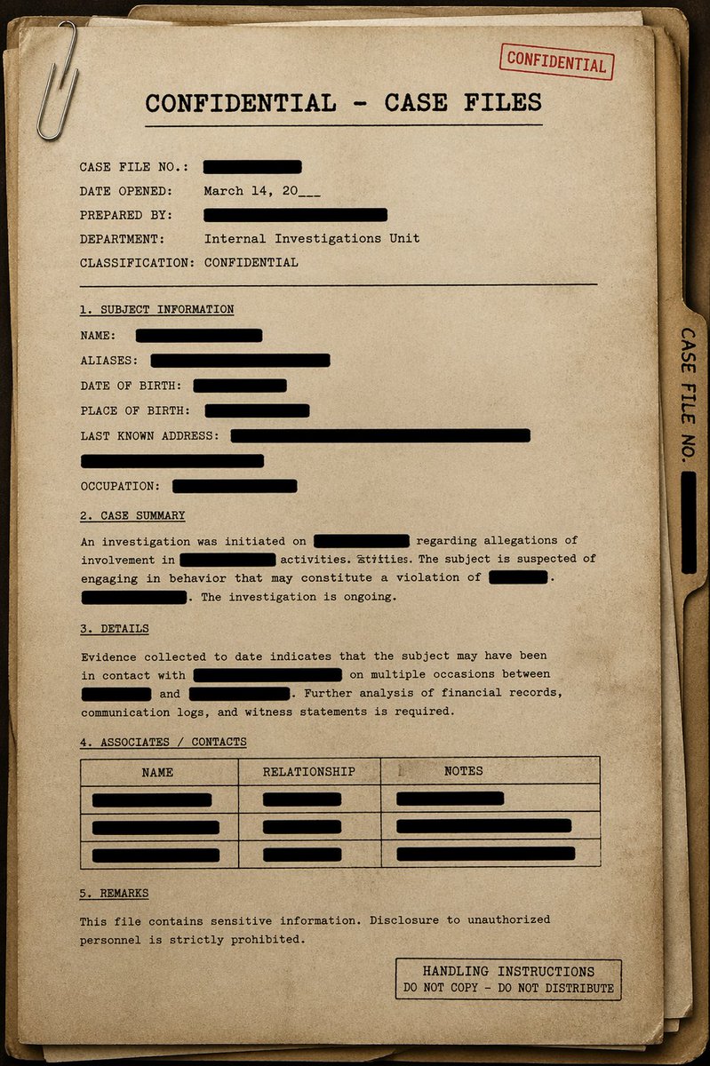Vintage Confidential Case File Qwen Image prompt example: This prompt generates a realistic top-down noir-style confidential dossier page, ideal for storytelling, detective...