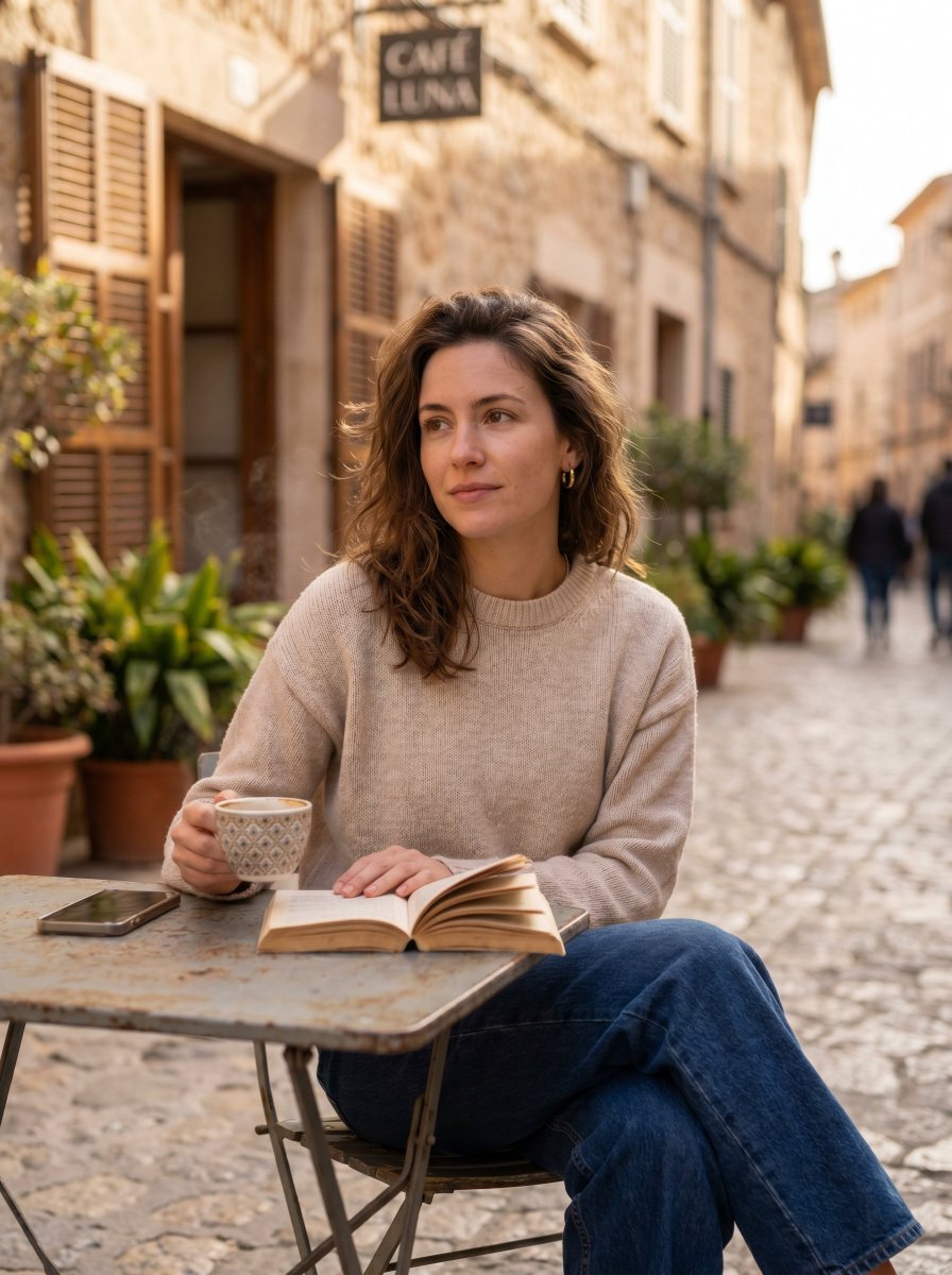 Woman Reading at European Street Café Qwen Image prompt example: This prompt generates a warm, realistic travel-lifestyle portrait of a woman enjoying coffee and a book at a...