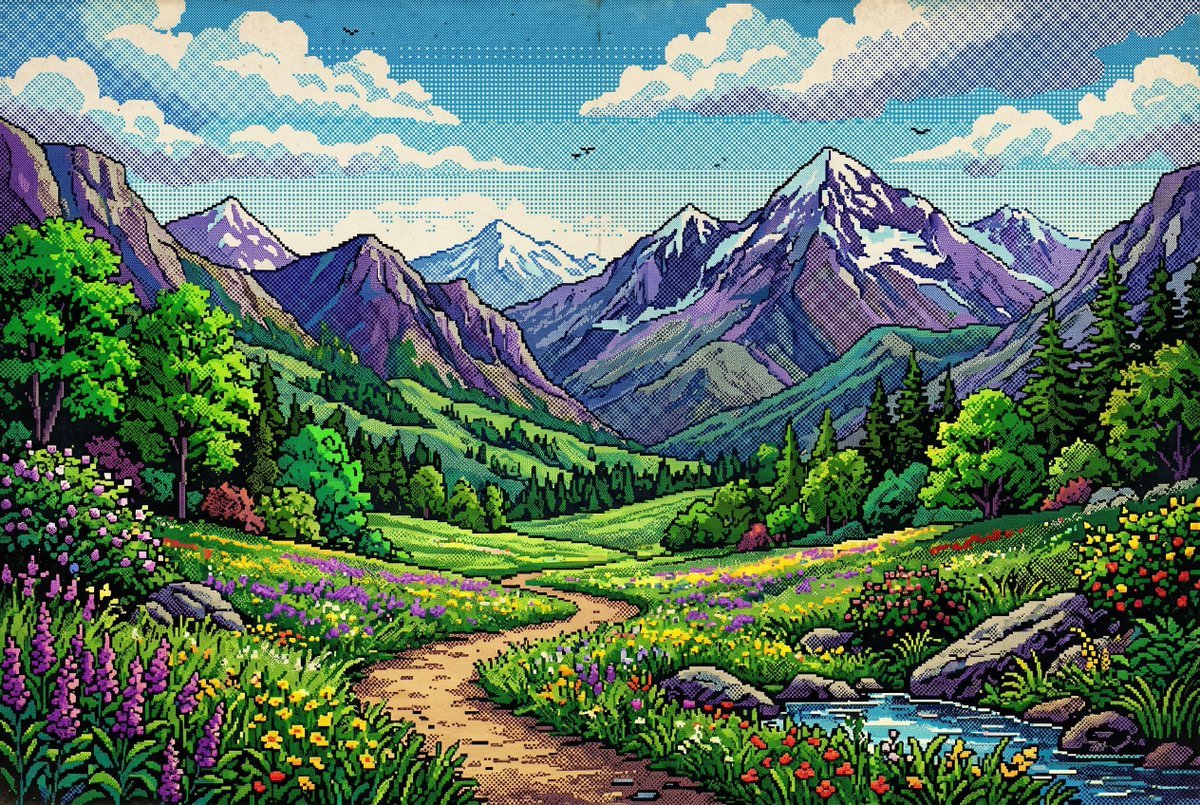Retro Pixel Mountain Valley GPT Image 2 prompt example: A vibrant pixel art alpine landscape with halftone comic shading, ideal for retro game backgrounds, scenic posters, or...