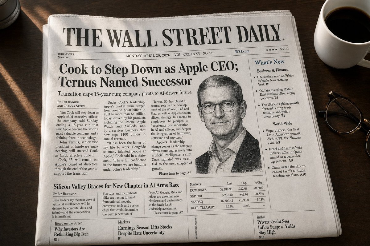 WSJ-Style Business Newspaper Front Page 的 Qwen Image 提示词示例图:This prompt generates a photorealistic financial newspaper front page on a desk, ideal for editorial mockups,...