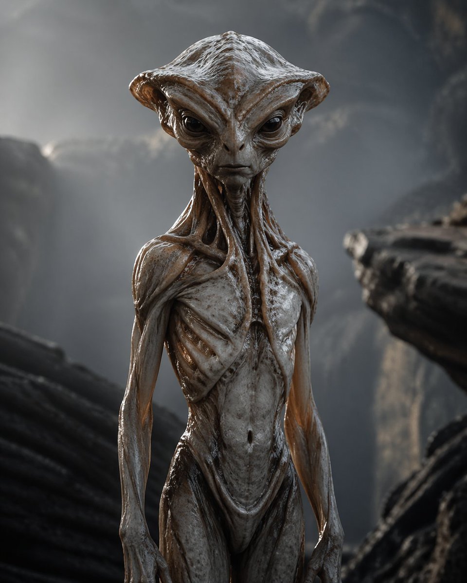 Photoreal Alien in Dark Ravine Qwen Image prompt example variation 2: This prompt generates a disturbing full-body sci-fi horror portrait of a realistic humanoid alien in a bleak...