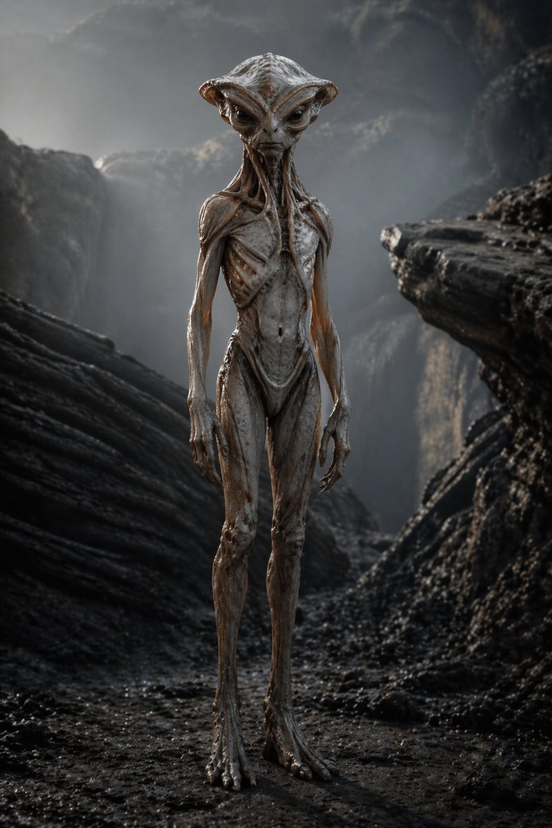 Photoreal Alien in Dark Ravine Qwen Image prompt example: This prompt generates a disturbing full-body sci-fi horror portrait of a realistic humanoid alien in a bleak rocky...