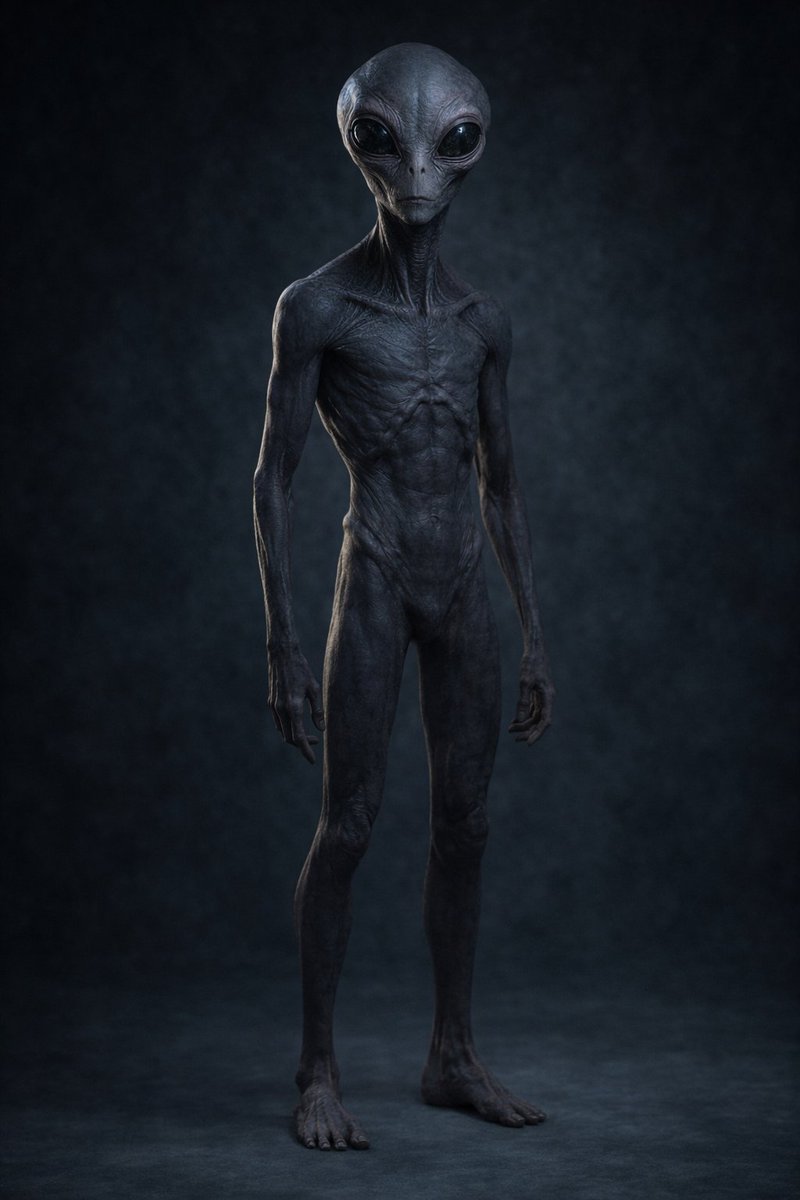 Uncanny Full-Body Alien Portrait GPT Image 2 prompt example: A dark photorealistic studio image of a gaunt humanoid alien, suited for creature concept art, sci-fi key art, or...