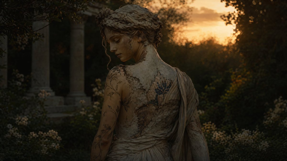 Haunting Statue Woman at Sunset Qwen Image prompt example: This prompt generates a moody fine-art cinematic portrait of a stone-like classical woman in a ruined garden, ideal for...