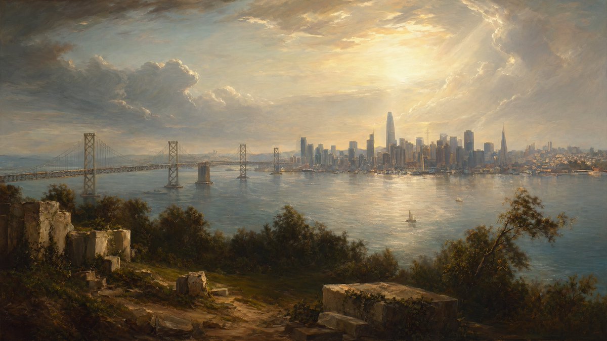 Golden Bay City Romantic Landscape Qwen Image prompt example: This prompt generates a sweeping painterly panoramic cityscape across a bay, ideal for cinematic concept art, wall...