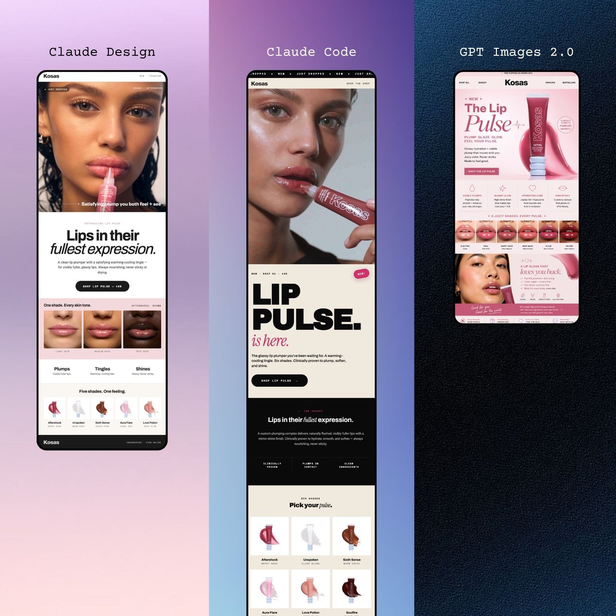 Three Beauty Mobile Landing Pages Qwen Image 프롬프트 예시: A premium triptych mockup of three smartphone beauty website designs, ideal for showcasing AI-generated cosmetic brand...
