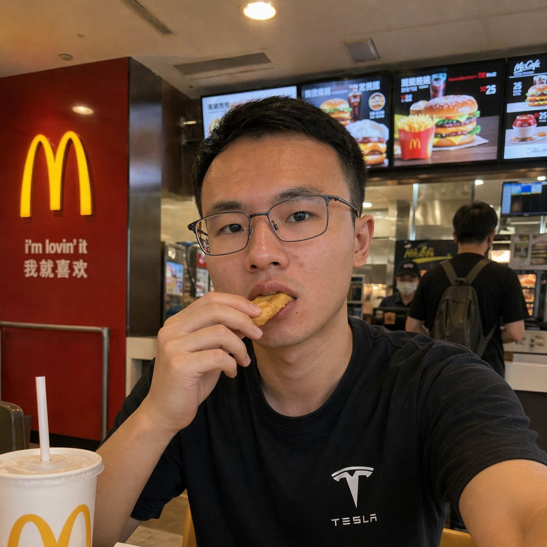 Realistic McDonald's Selfie Portrait Qwen Image prompt example: This prompt generates a photorealistic casual selfie of a man inside a McDonald's, useful for creating believable...