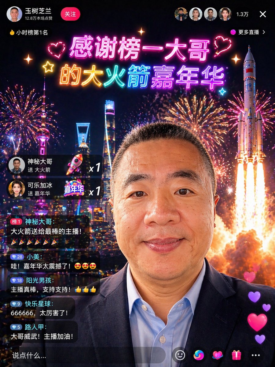 Chinese Livestream Rocket Gala Edit Qwen Image 프롬프트 예시: This prompt turns a portrait reference into a flashy Chinese livestream screenshot with celebratory UI overlays,...