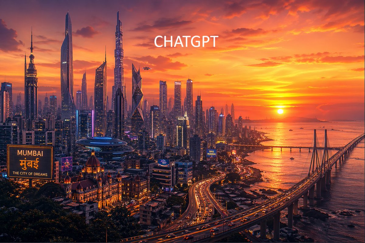 Futuristic Mumbai Sunset Skyline Qwen Image prompt example: A cinematic sci-fi cityscape prompt for generating a futuristic Mumbai skyline at sunset with coastal bridge traffic,...