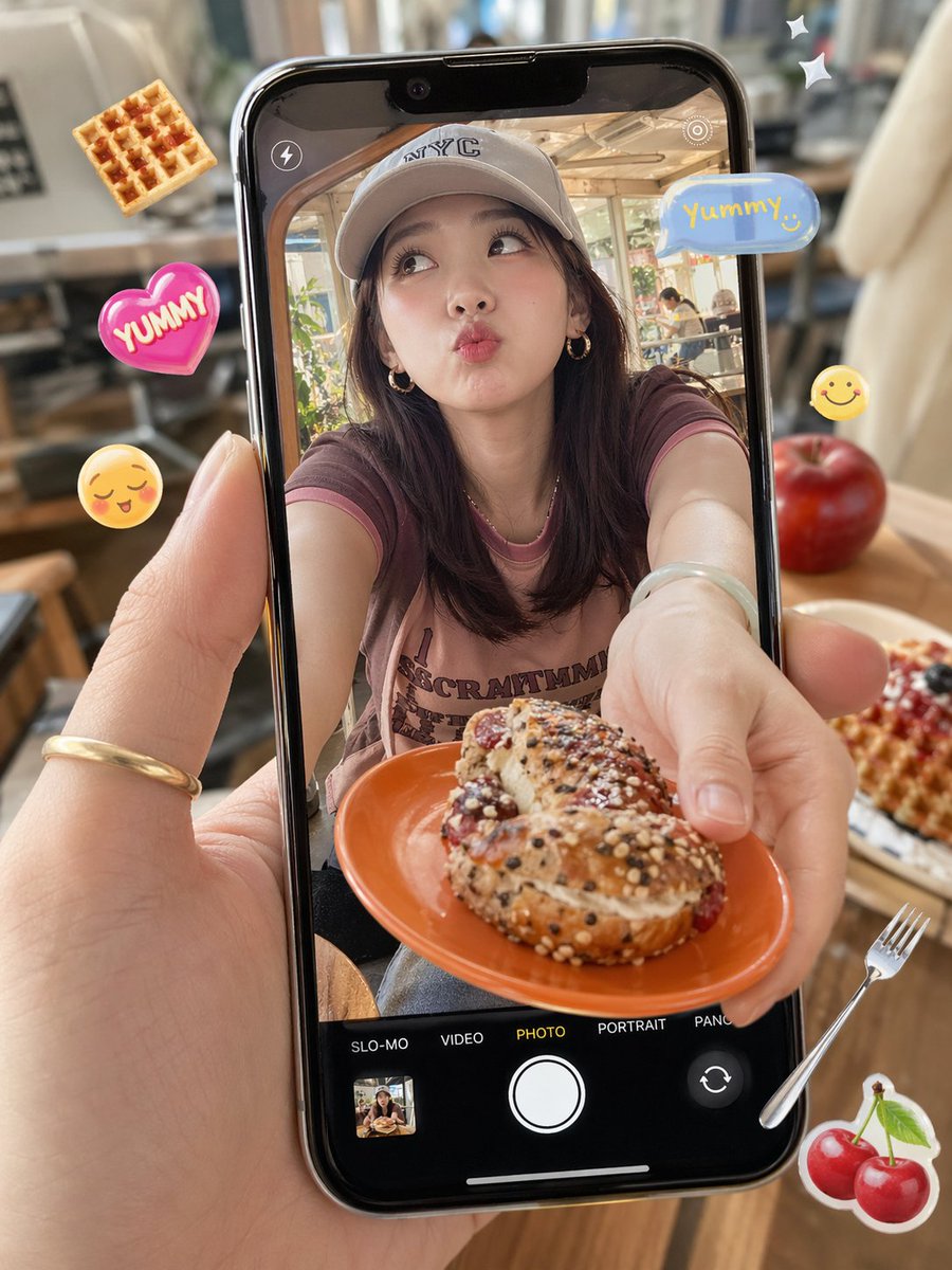 Cafe Phone Camera Food Snapshot 的 Qwen Image 提示词示例图:This prompt generates a realistic handheld smartphone photo-in-photo cafe scene with a woman offering a pastry and playful...