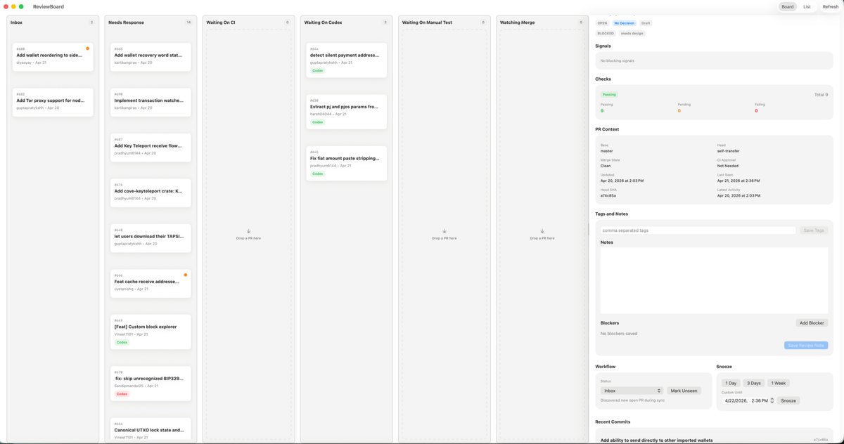 MacOS Kanban Review App UI GPT Image 2 prompt example: A polished light-mode macOS kanban-style review dashboard mockup for redesigning a desktop productivity or engineering...