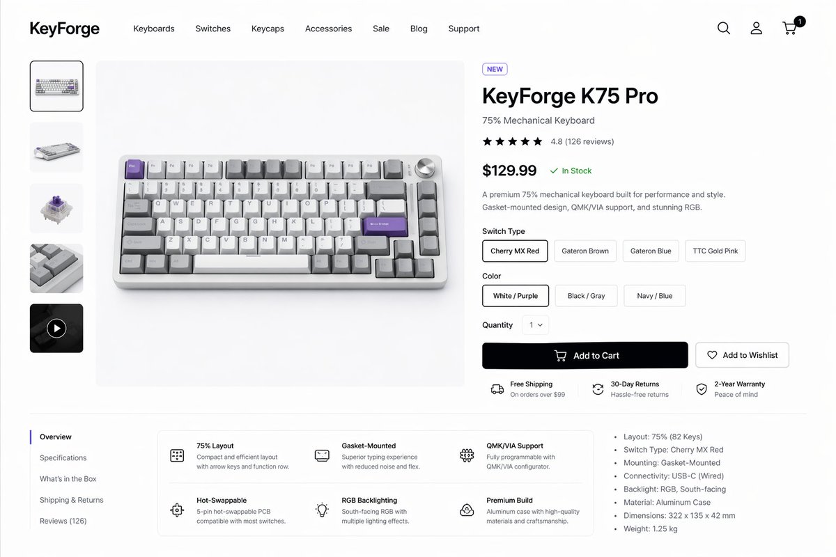 Mechanical Keyboard Product Page Mockup のQwen Imageプロンプト例: This generates a polished desktop e-commerce product page for a premium mechanical keyboard, suitable for product...