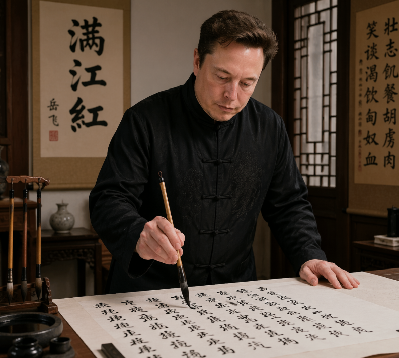 Photorealistic Calligraphy Scholar Scene Qwen Image prompt example: This prompt generates a realistic portrait of a famous tech figure writing Chinese calligraphy in a...
