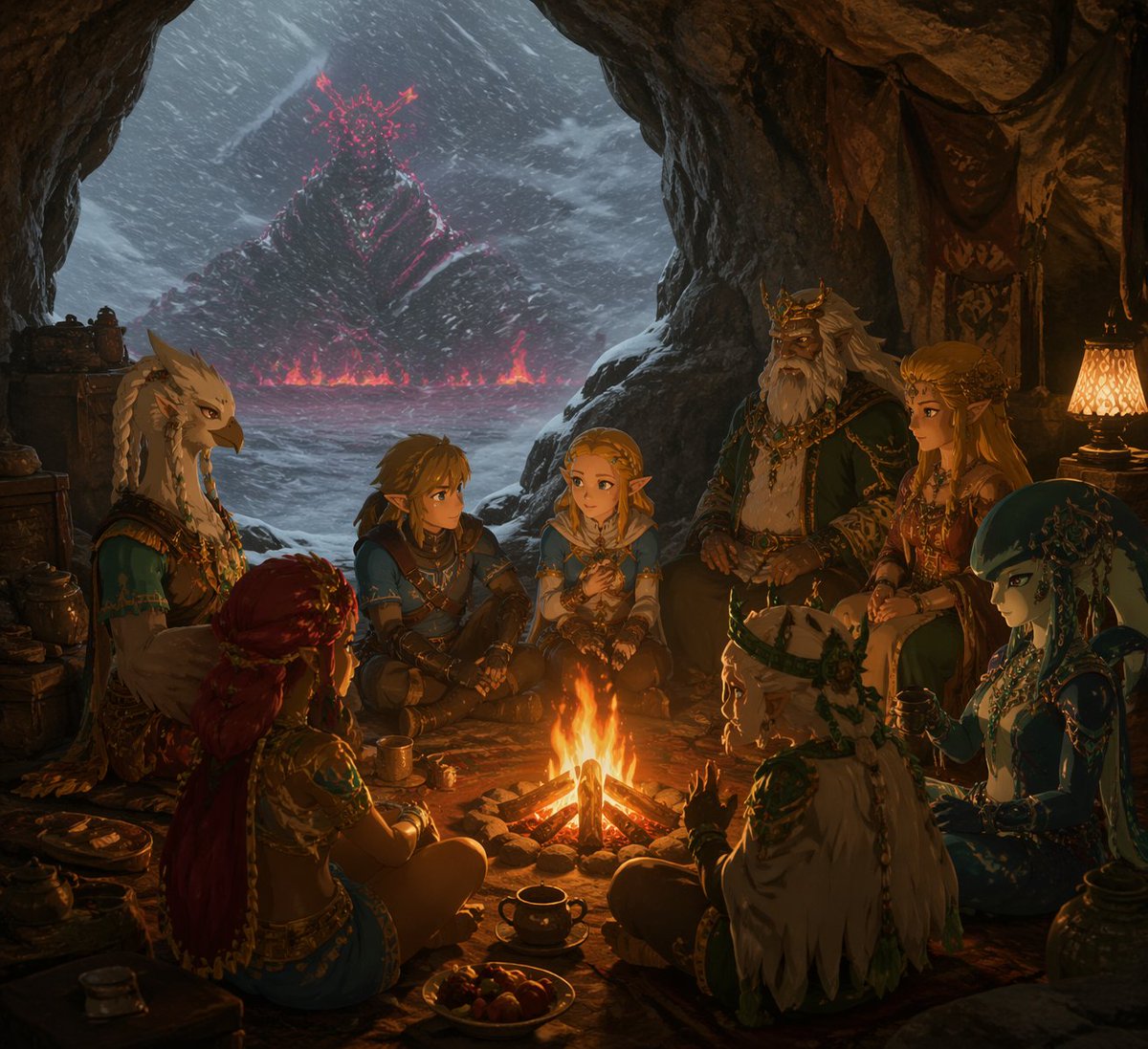 Fantasy Campfire Before a Crimson Mountain Qwen Image 프롬프트 예시: A cinematic dark-fantasy image of 8 adventurers sheltering in a cave around a campfire while a glowing volcanic...