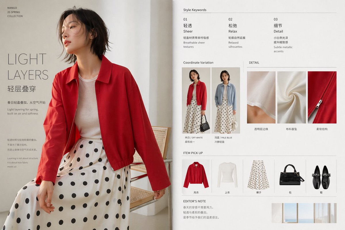 Minimal Spring Fashion Editorial Board Qwen Image prompt example: A clean luxury fashion presentation slide showing a spring layered outfit with editorial text, styling...