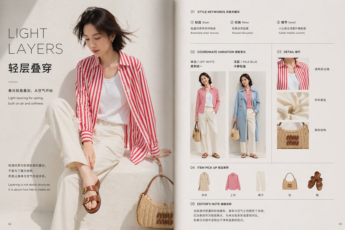 Minimal Spring Fashion Editorial Board Qwen Image prompt example variation 2: A clean luxury fashion presentation slide showing a spring layered outfit with editorial text,...