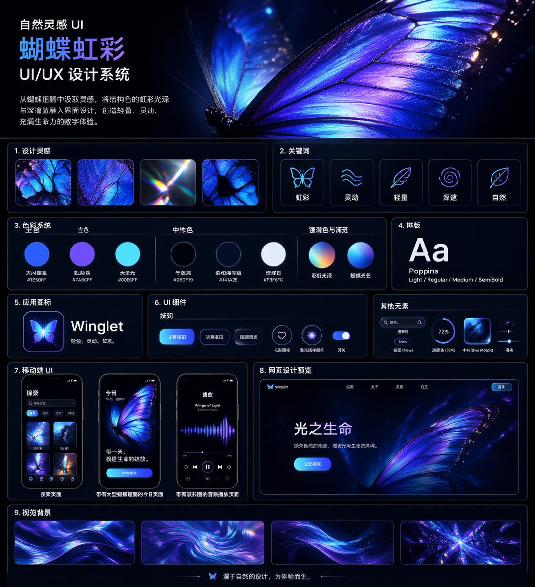 Iridescent Butterfly UI System Board 的 GPT Image 2 提示词示例图：A polished dark-mode Chinese UI/UX design system presentation board featuring a glowing butterfly theme, suitable for...