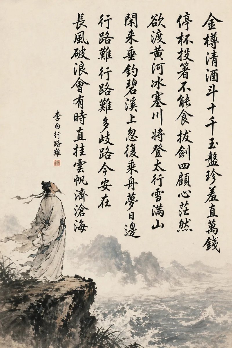 Chinese Calligraphy Poem Landscape Qwen Image prompt example: This prompt generates a classical Chinese ink painting with flawless poem calligraphy and a scholar in a dramatic...