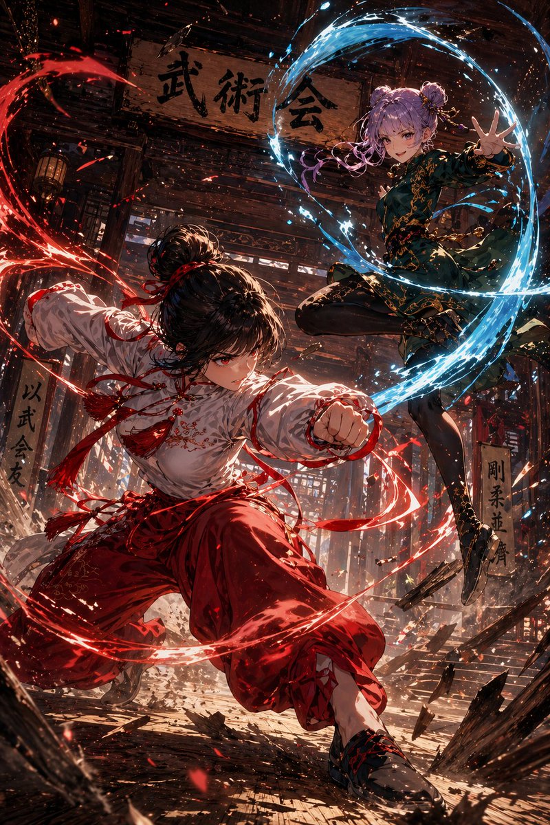 Anime Martial Arts Duel in Dojo のQwen Imageプロンプト例: This prompt generates a high-energy anime battle scene between two female martial artists in a wooden dojo, ideal for action...