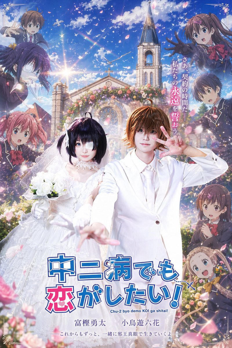 Anime Wedding Poster at a Church Qwen Image prompt example: A dramatic anime-style wedding poster featuring a bride and groom before a flower-decorated church, ideal for...