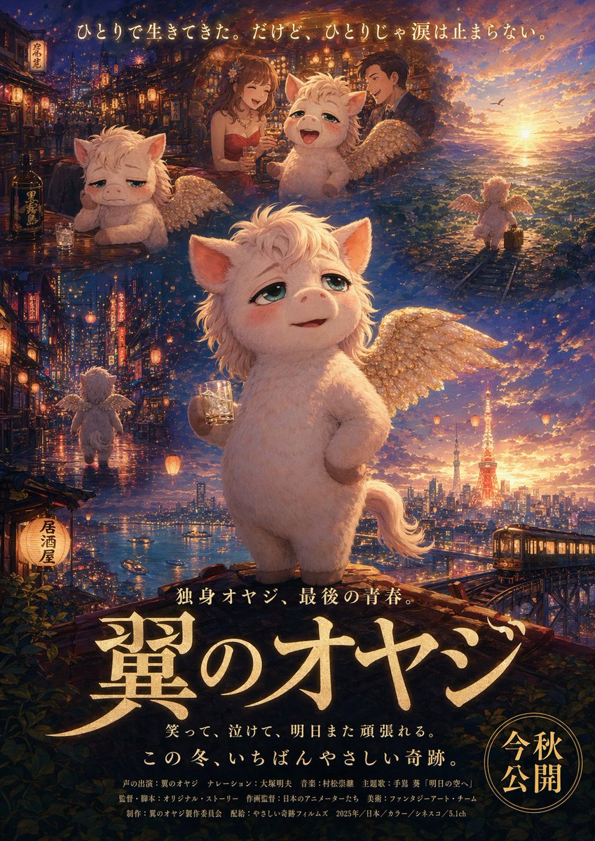 Japanese Fantasy Winged Pig Film Poster 的 Qwen Image 提示词示例图:A text prompt for generating a richly detailed Japanese animated movie poster featuring a winged pig-like protagonist...