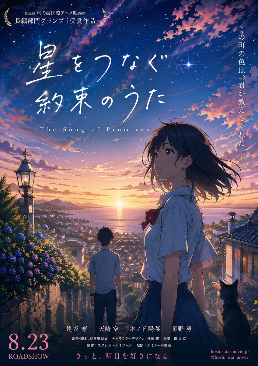Anime Sunset Film Poster Qwen Image 프롬프트 예시: This prompt generates a polished Japanese anime movie poster featuring two students overlooking a seaside town at sunset, ideal for...