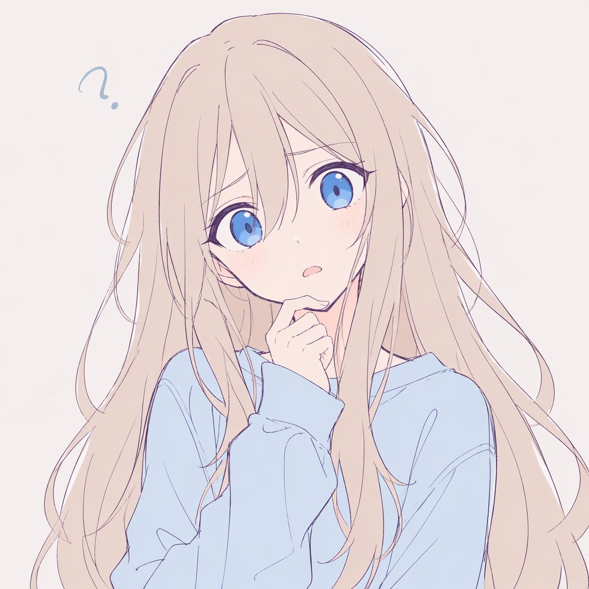 Confused Blonde Anime Girl Portrait のQwen Imageプロンプト例 バリエーション 3: This prompt generates a simple pastel anime bust portrait of a puzzled girl in a blue sweater, suitable for...