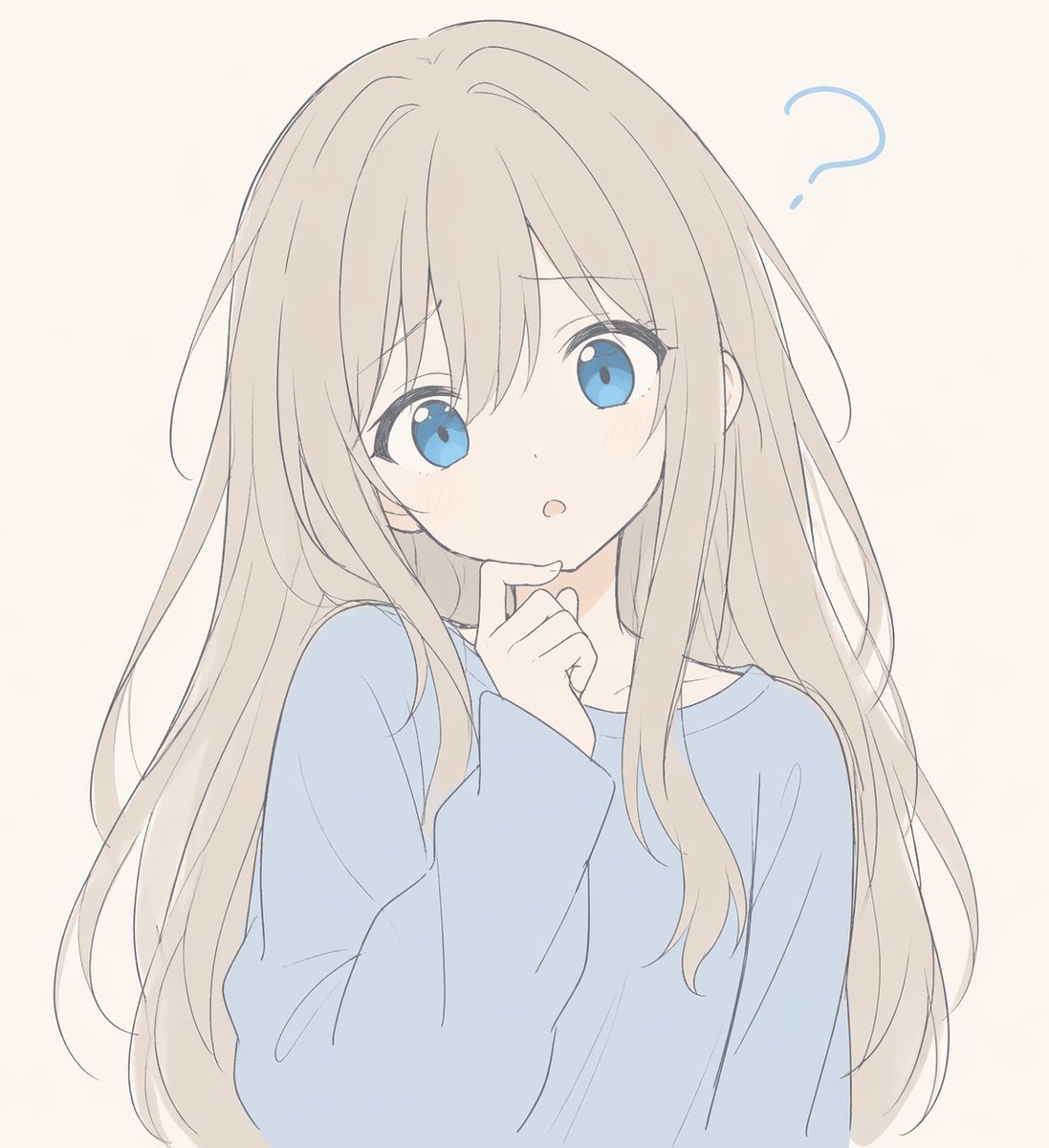 Confused Blonde Anime Girl Portrait のQwen Imageプロンプト例 バリエーション 2: This prompt generates a simple pastel anime bust portrait of a puzzled girl in a blue sweater, suitable for...