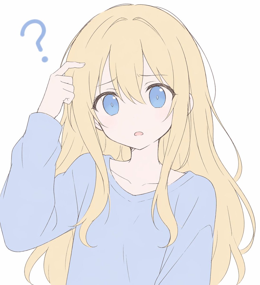 Confused Blonde Anime Girl Portrait のQwen Imageプロンプト例: This prompt generates a simple pastel anime bust portrait of a puzzled girl in a blue sweater, suitable for avatars,...