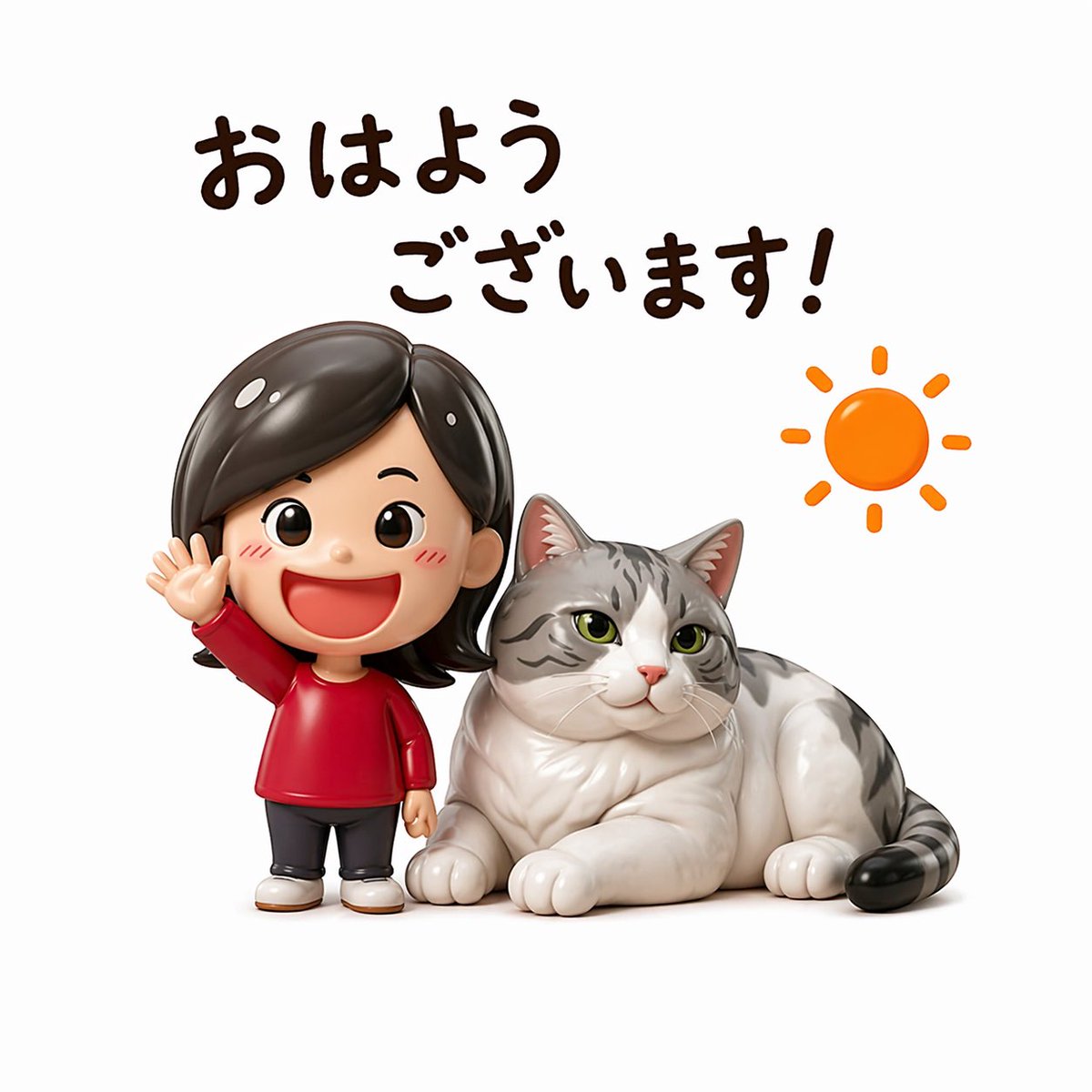 Cute Morning Greeting Figure Sticker Qwen Image 프롬프트 예시: This prompt generates a toy-like 3D sticker illustration of a chibi woman waving beside a silver tabby cat with Japanese...