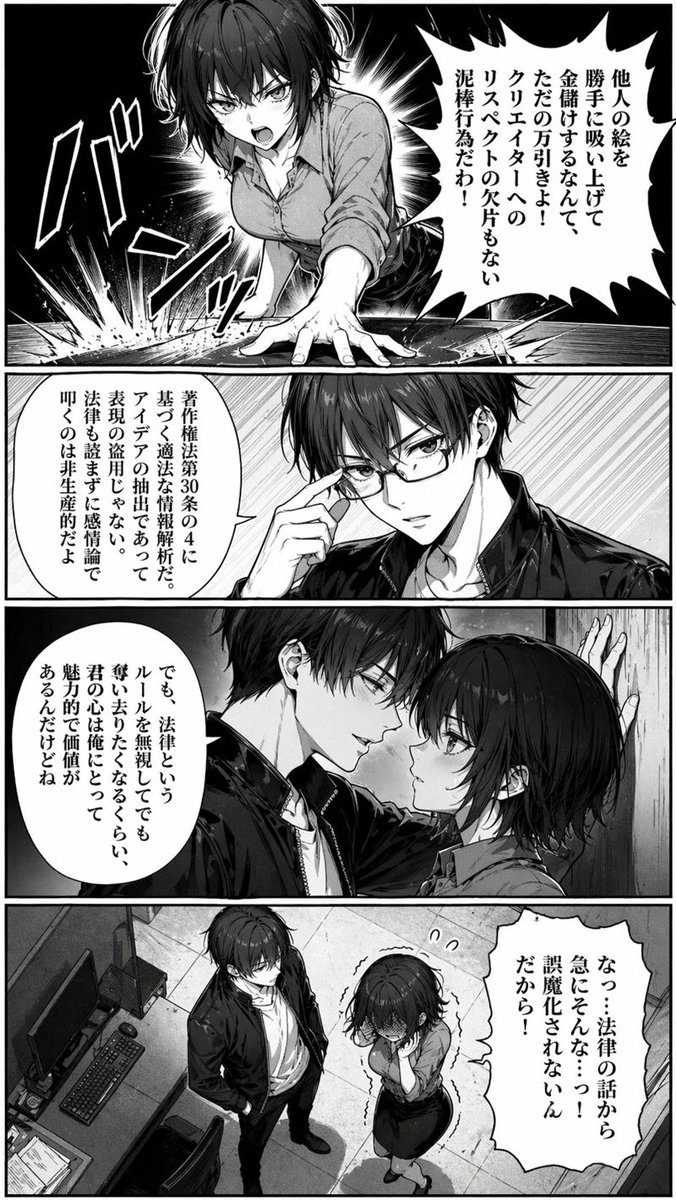 Censored Office Manga Confrontation Qwen Image prompt example: A gritty monochrome manga page showing a heated office argument that shifts into a kabedon scene, useful for...