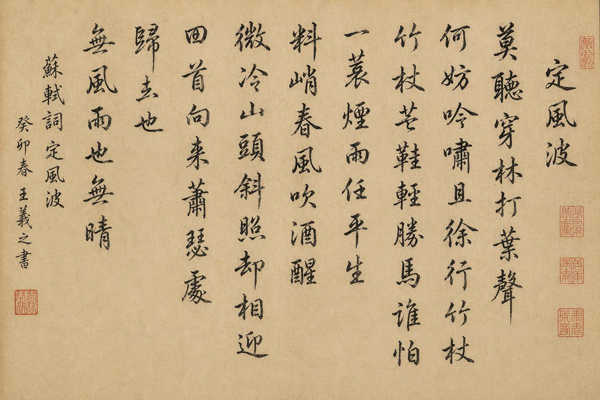 Chinese Calligraphy Scroll on Aged Paper Qwen Image 프롬프트 예시: This prompt generates a realistic classical Chinese ink calligraphy scroll with authentic paper texture and seals,...