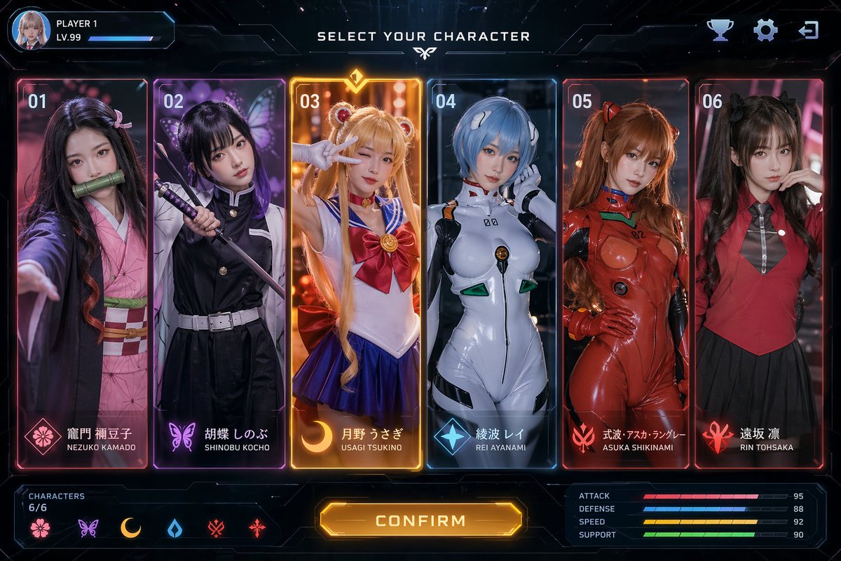 Sci-Fi Anime Character Select UI GPT Image 2 prompt example: A polished futuristic game menu showing six anime-inspired cosplay character cards, ideal for generating...