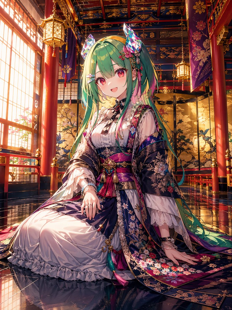 Anime Shrine Princess in Palace のQwen Imageプロンプト例: This prompt generates a luxurious fantasy anime portrait of a seated kimono-clad princess in a glowing Japanese palace, ideal...