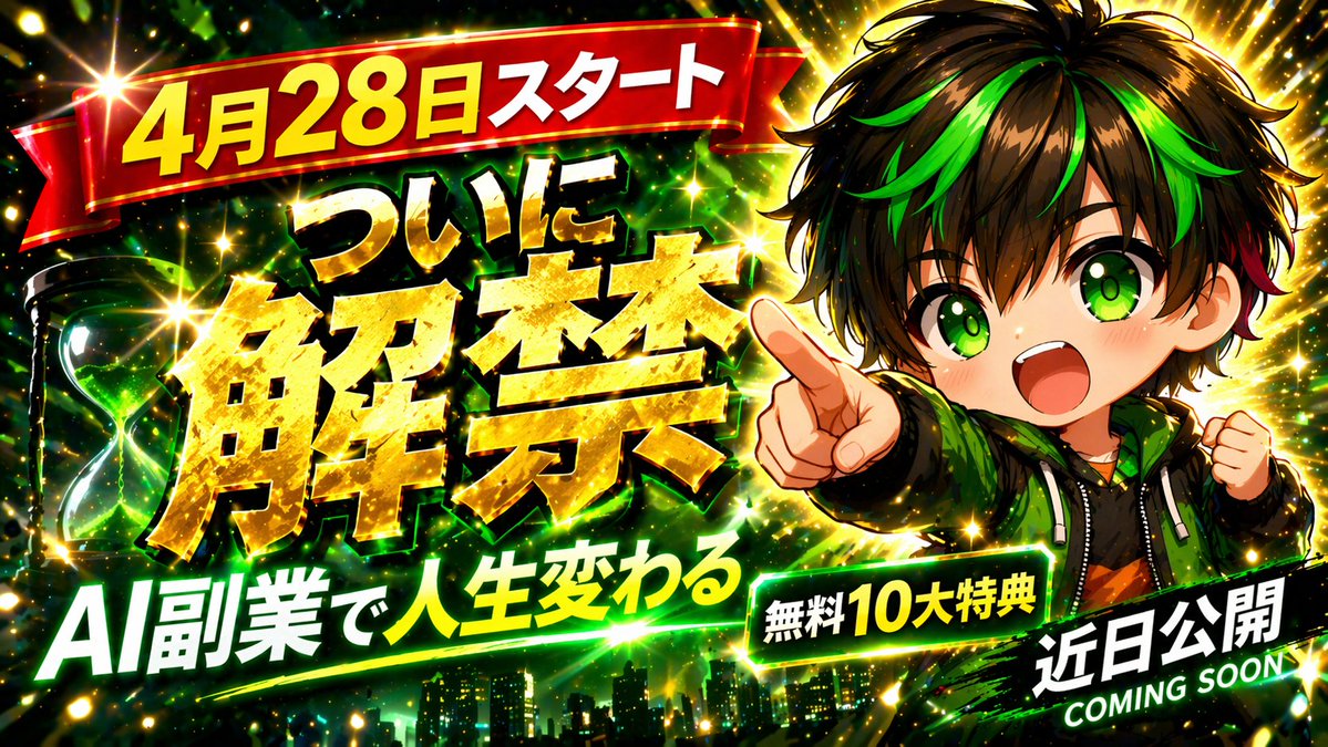 Explosive Anime Launch Thumbnail のQwen Imageプロンプト例: A bold anime-style Japanese promotional thumbnail for launch announcements, online course ads, or AI business marketing visuals.